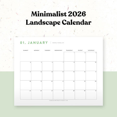 Minimalist 2026 landscape calendar on a light green background